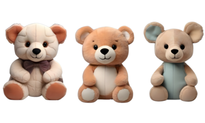 Set of 3 Stuffed Bears , Cutout and Isolated on a Transparent PNG Background.