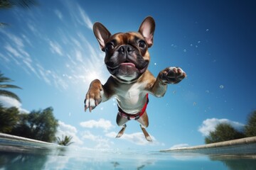 Funny French bulldog jumping into swimming pool, with sky background. - obrazy, fototapety, plakaty