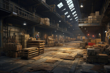 Industrial interior of a warehouse with wooden boxes.