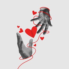Mae and female hands over papercut heart. Relationship, dating. Contemporary art collage. Concept of Valentine's Day, holiday, love, 14th of February. Template for ads, postcard, invitation, poster