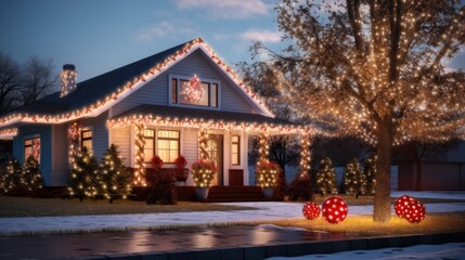 A charming home beautifully decorated with Christmas Lights