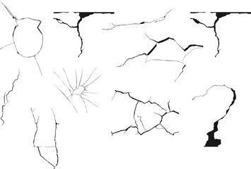 Set of ground cracks, broken window, cracked glass, break windshield glass, damaged wall texture silhouette