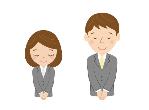 スーツを着た就活生、新入社員、お辞儀、男女、挨拶