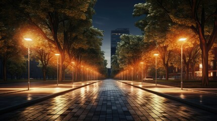 Fototapeta na wymiar A serene night-time walk down a tree-lined city street