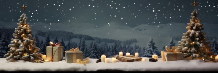 A Christmas Eve Night Sky with Snow-Capped Trees and Candles