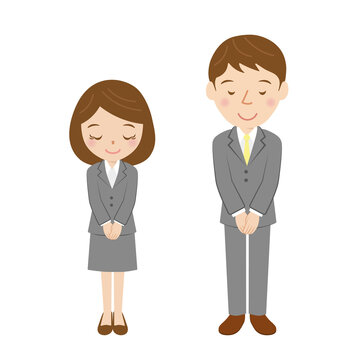 スーツを着た就活生、新入社員、お辞儀、男女、挨拶