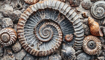 Fototapeta na wymiar abstract background with ancient prehistoric ammonite fossils fossil spiral mollusk close up concept of archaeological excavations geological research ammonite background top view