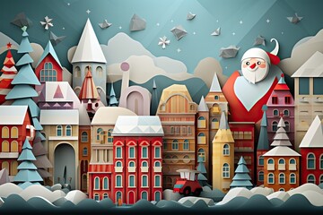 A whimsical Christmas village scene with Santa and his reindeer soaring through the sky