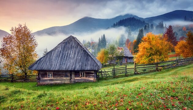 foggy autumn scene of mountain willage with old wooden house in garden calm morning view of carpathian mountains ukraine europe beauty of countryside concept background