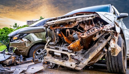 a car accident involving multiple vehicles causing damage damaged automobiles after collision...