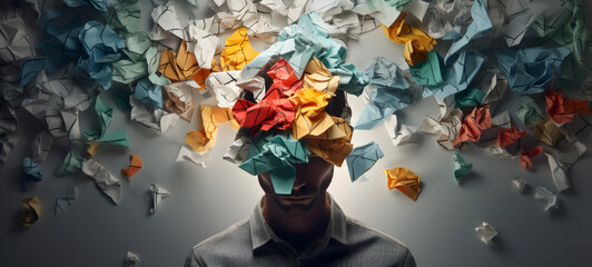 Mental health image. Various emotion and mind. Waste paper and man head silhouette.