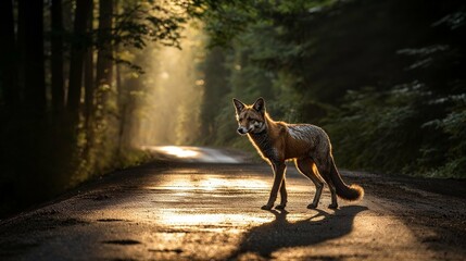 un renard roux traverse une route en bitume qui traverse la forêt - obrazy, fototapety, plakaty
