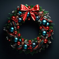 Fototapeta na wymiar Beautiful Christmas Wreath with Red Ribbon