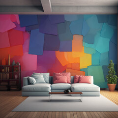 modern living room with a colorful wall