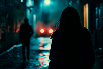 A woman being followed by a man in a dark alley at night. Concept of crime and assault against women.
