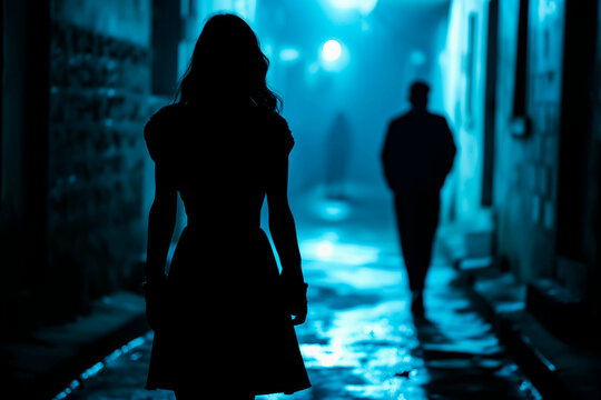 Tense Scene Of A Woman Being Followed By A Man In A Dark Alley At Night. Concept Of Crime And Assault Against Women.