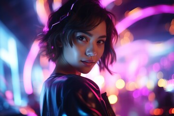 Obraz na płótnie Canvas Portrait of young beautiful asian woman dancing in night club.