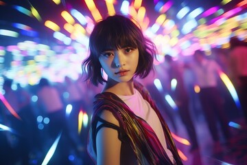Fototapeta na wymiar Portrait of young beautiful asian woman dancing in night club.