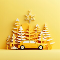 Forest scene with a yellow car