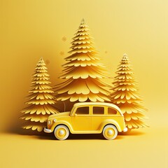 Vintage yellow Volkswagen Beetle surrounded by paper trees