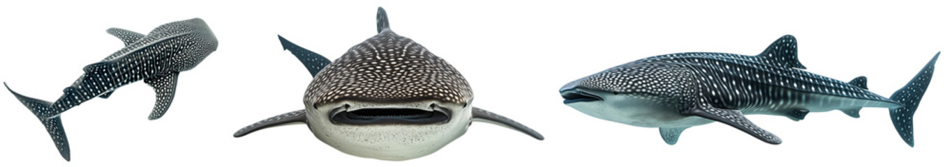 Whale shark bundle (front, side and top view) isolated on a transparent background, marine animal collection - obrazy, fototapety, plakaty
