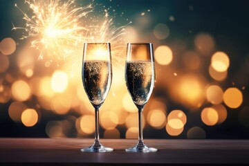 Celebratory night sky with fireworks and sparkling wine glasses