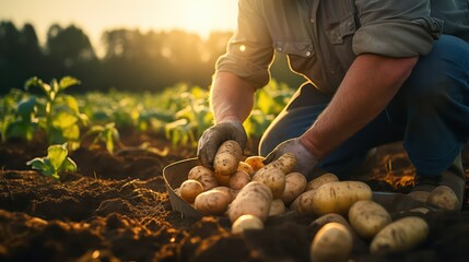 farmer planting potatoes in the field