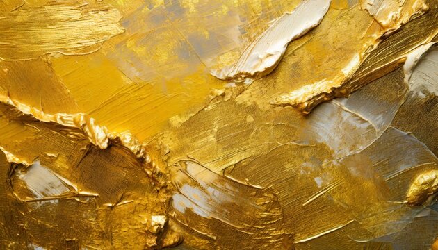 closeup of abstract rough gold art painting texture with oil brushstroke pallet knife paint on canvas