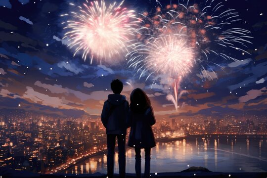 A Couple Watching Fireworks Over a Body of Water