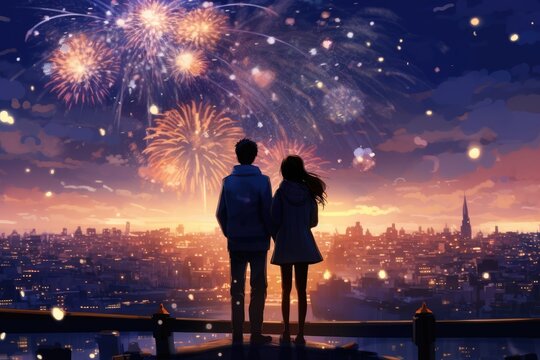 A couple watches fireworks from a bridge, capturing the magic of the night sky.