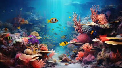 Fototapeta na wymiar Underwater Coral Reef with Tropical Fish and Sunbeams