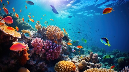 Underwater Coral Reef with Tropical Fish and Sunbeams