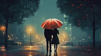 Two people under a red umbrella in the rain