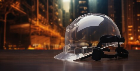 Transparent Safety Helmet on Urban Construction Background
