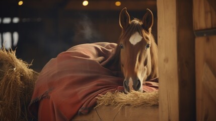 Horse in Blanket in Barn