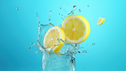 Lemon Slices in Water on Blue Background