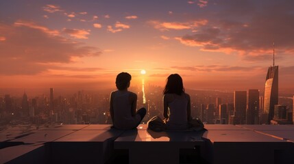 Couple Watching Sunset from Rooftop Overlooking City
