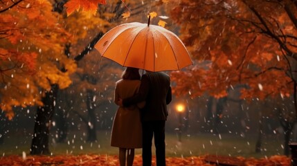 Couple Embracing Under Umbrella in Autumn Park