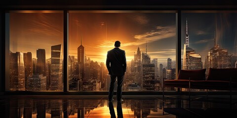 Fototapeta premium Contemplative business leader. Striking image businessman stands against backdrop of modern cityscape gazing into future with expression. Dressed in sharp suit exudes confidence and professionalism