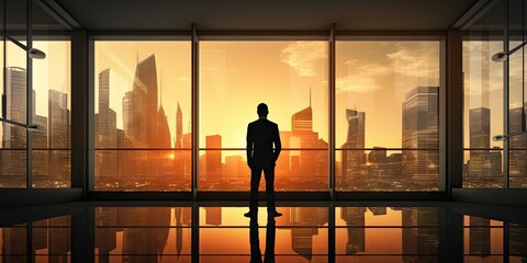 Contemplative business leader. Striking image businessman stands against backdrop of modern cityscape gazing into future with expression. Dressed in sharp suit exudes confidence and professionalism