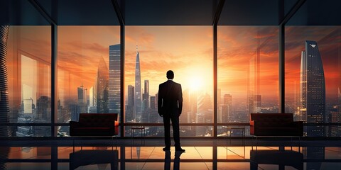 Fototapeta premium Contemplative business leader. Striking image businessman stands against backdrop of modern cityscape gazing into future with expression. Dressed in sharp suit exudes confidence and professionalism