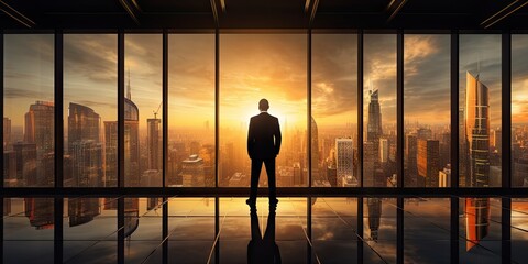 Fototapeta na wymiar Contemplative business leader. Striking image businessman stands against backdrop of modern cityscape gazing into future with expression. Dressed in sharp suit exudes confidence and professionalism