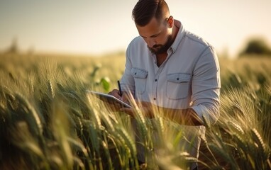 Naklejka na ściany i meble Agronomist checking crops in a wheat field