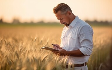 Agronomist checking crops in a wheat field