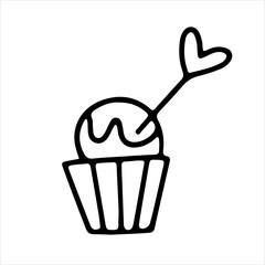 Vector doodle icon of a cake with a heart. Outline drawing for card, Valentine's day, birthday, wedding
