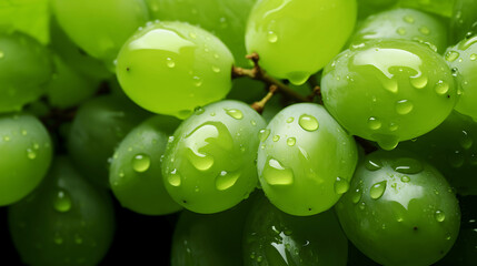 Juicy green grape slices close up with water droplets