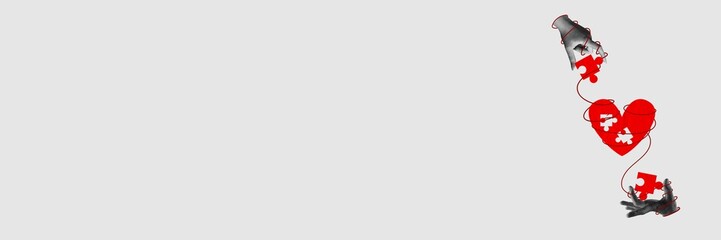 Hands putting puzzles on heart. Find love. Contemporary art collage. Minimalism. Concept of Valentine's Day, holiday, love, 14th of February. Template for ads, postcard, invitation, poster, banner