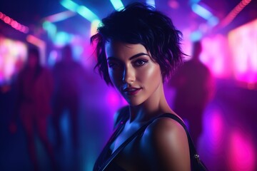 Portrait of young beautiful asian woman dancing in night club.