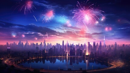 Fototapeta na wymiar Fireworks over the City Skyline