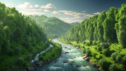 Fototapeta na wymiar Beautiful Nature Landscape with Green Trees and River 